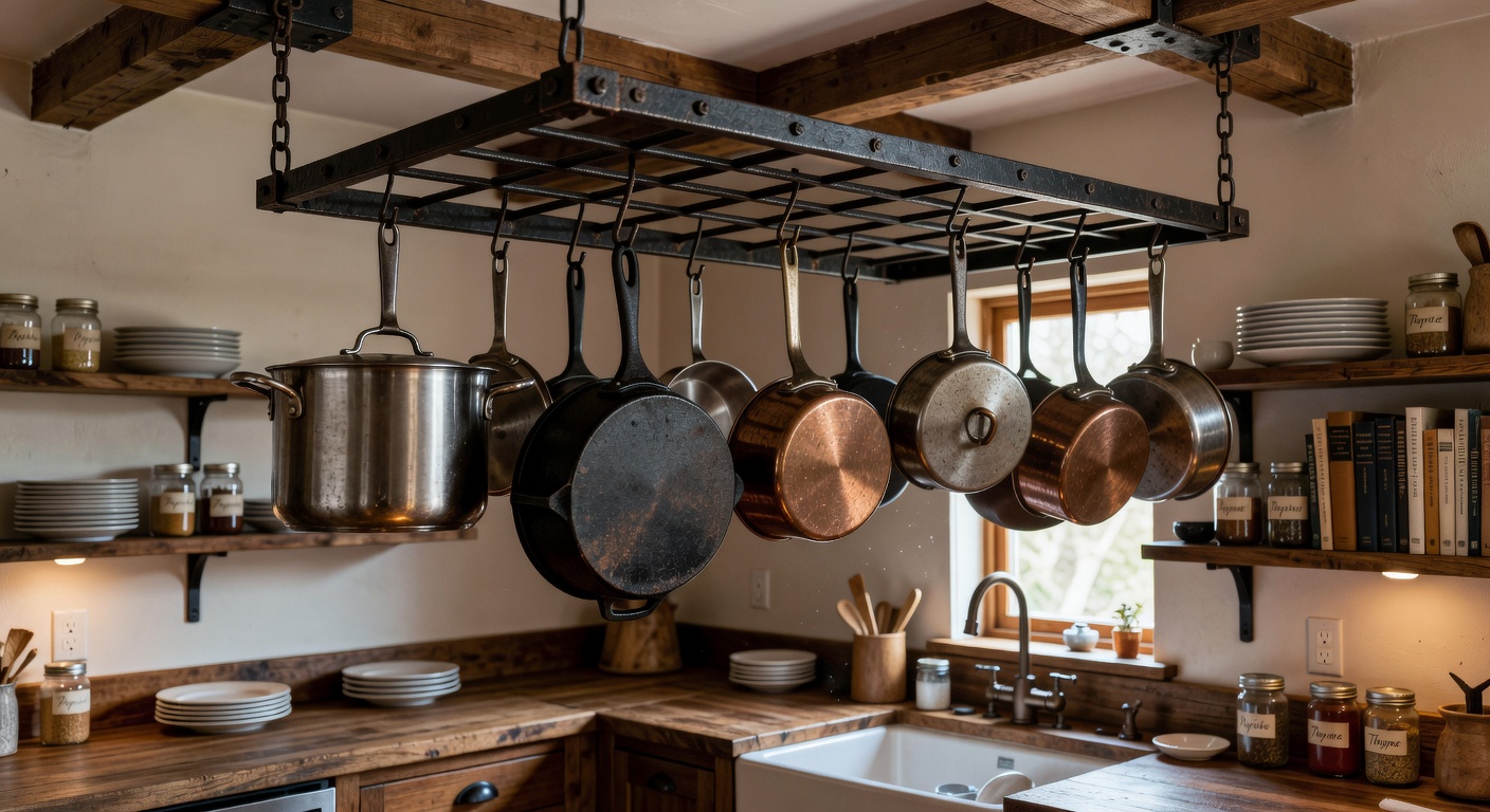 Ceiling hanging pot rack with copper pots
