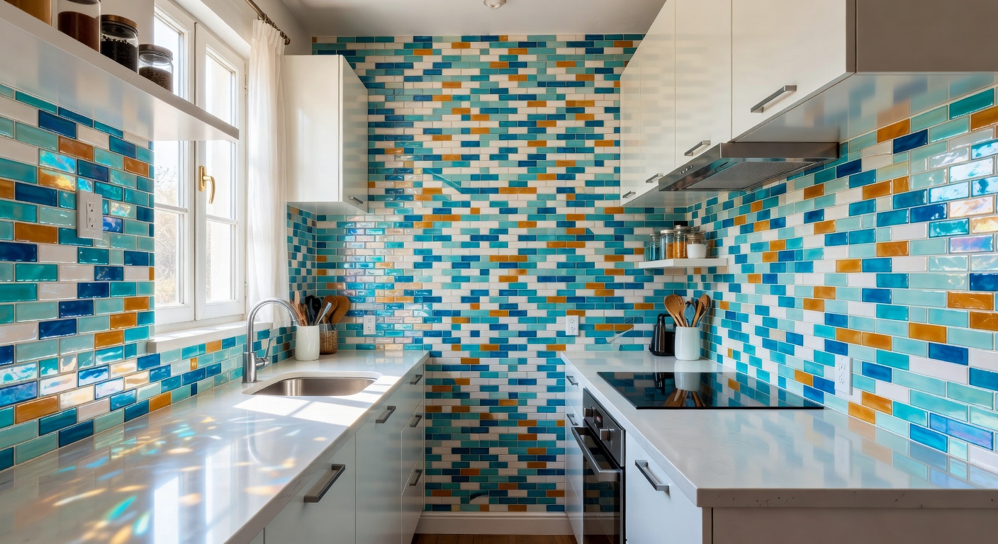 Colourful backsplash creating visual depth
