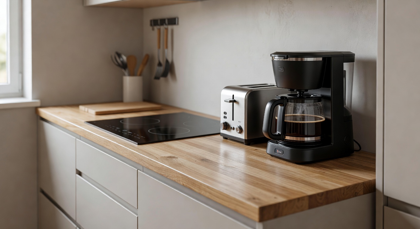 Compact kitchen counter with efficiently arranged appliances