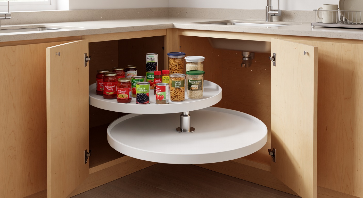 Corner lazy susan cabinet maximising dead corner space