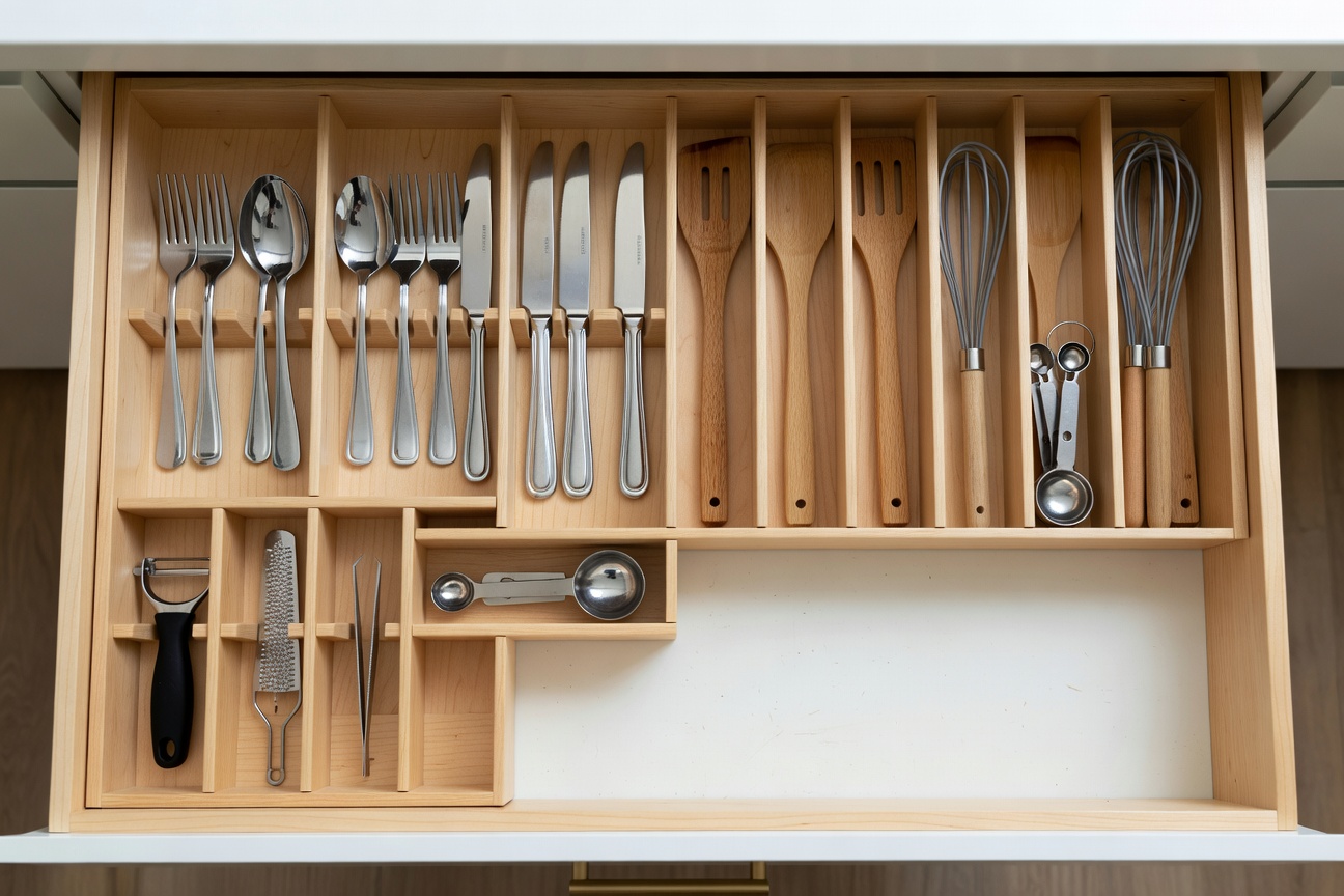 Neatly organised kitchen drawer with modular dividers