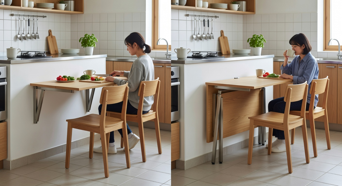 Wall-mounted fold-down dining table in a small kitchen
