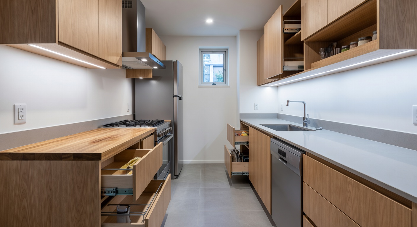 Galley kitchen layout showing efficient use of parallel walls