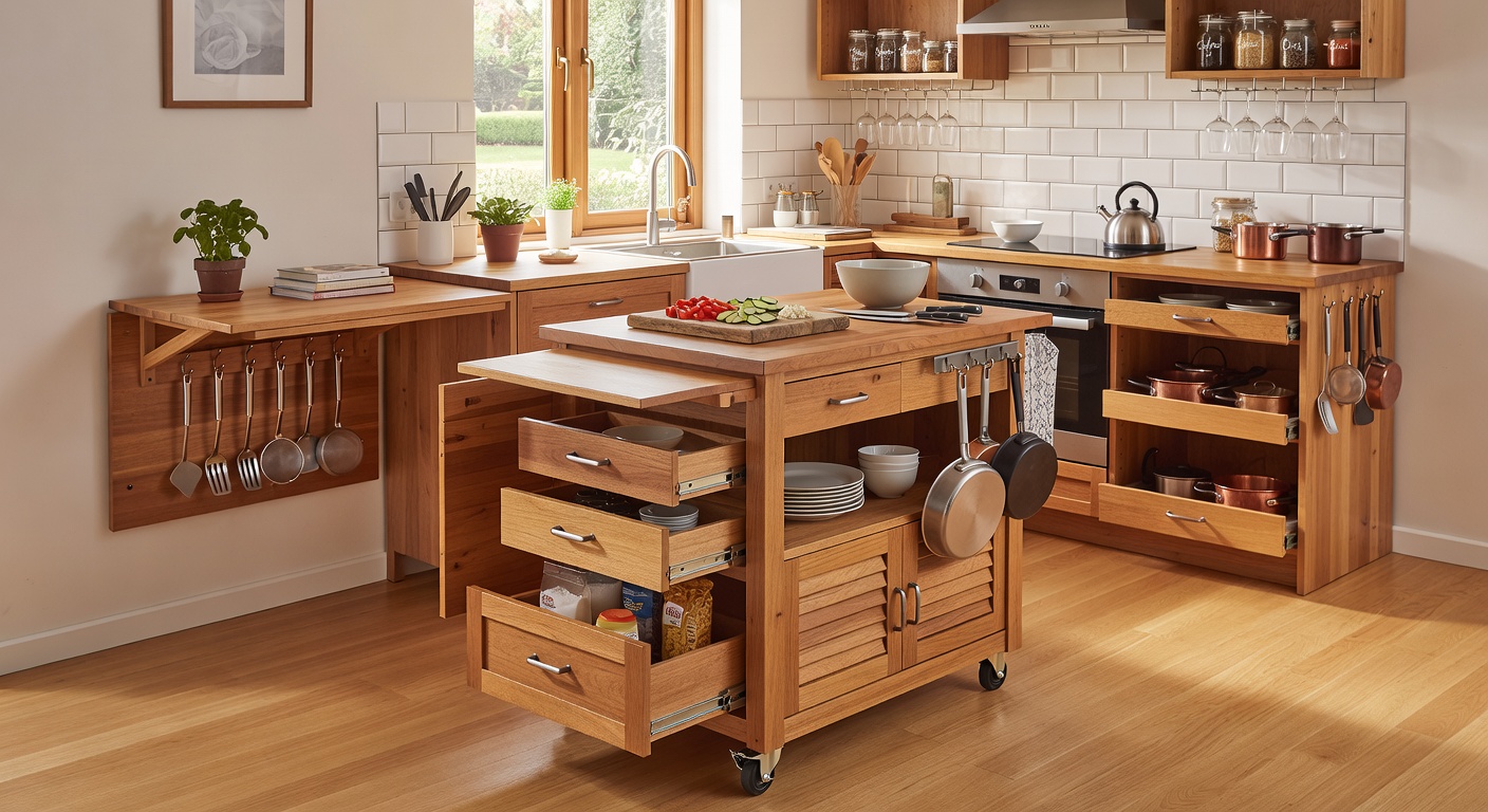 Multi-functional kitchen cart used as prep surface and storage
