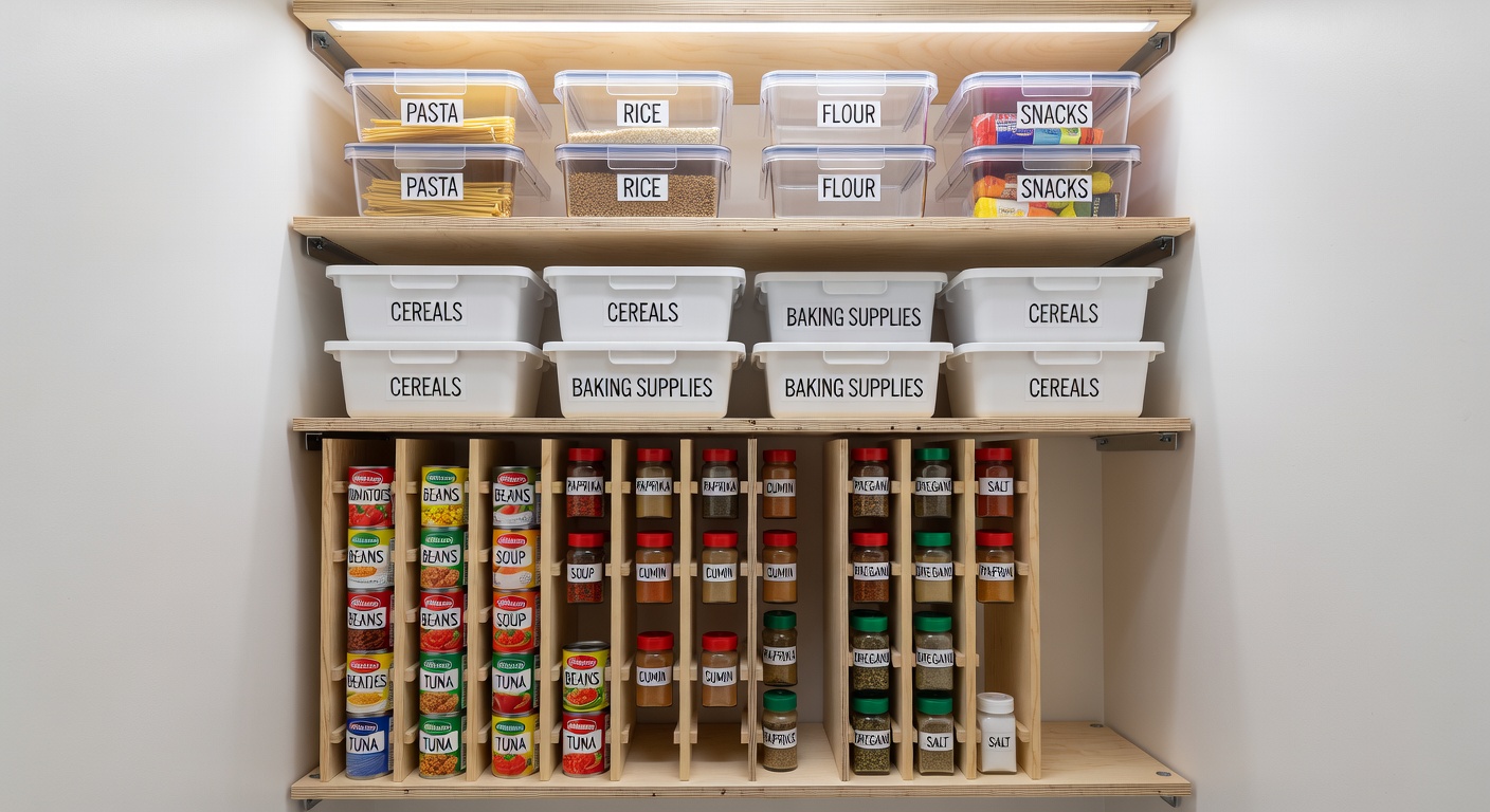 Perfectly organised pantry shelves with labels and zones