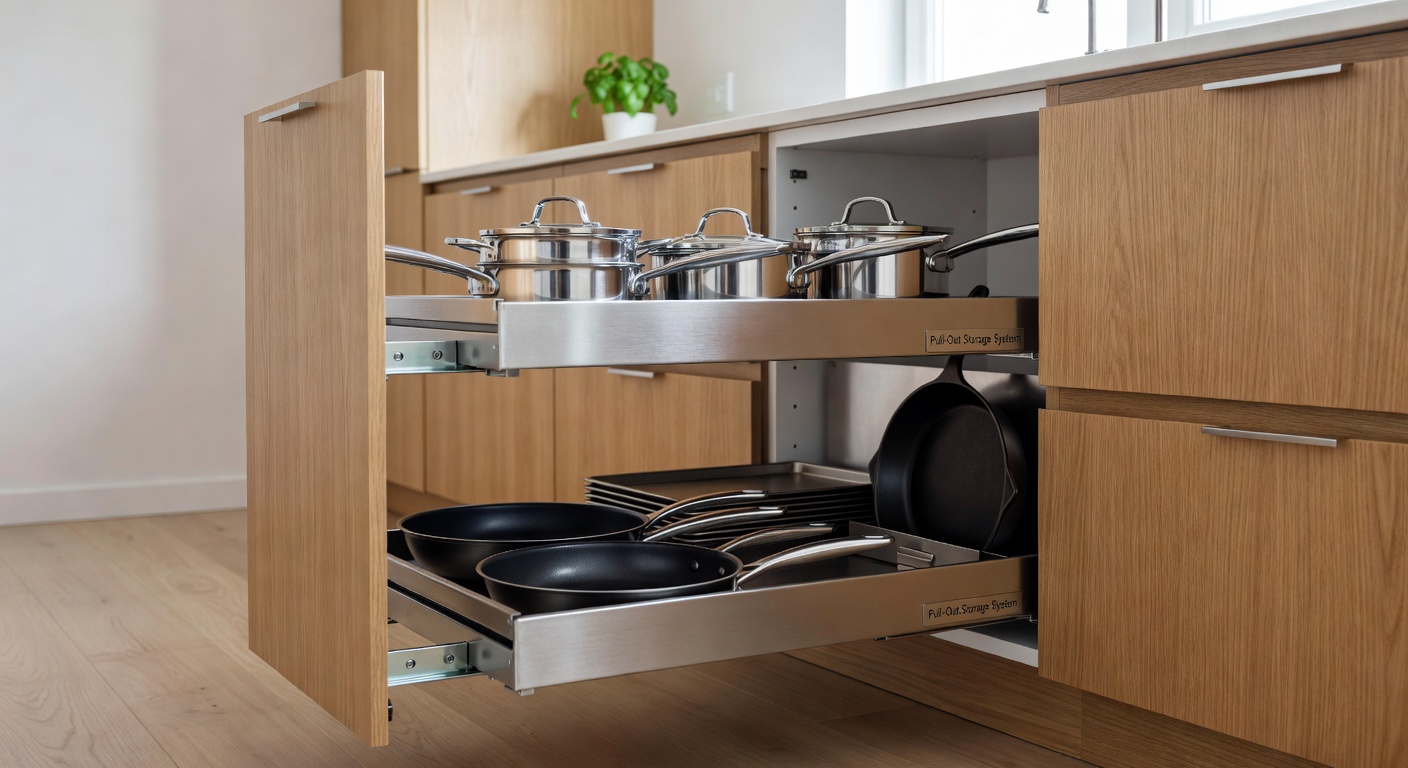 Pull-out cabinet drawer system with organised contents fully extended