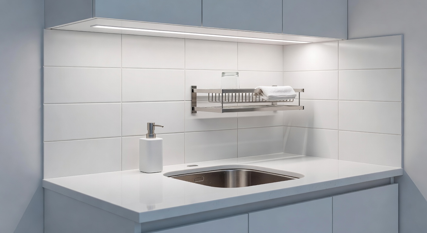 Sink area with warm under-cabinet lighting