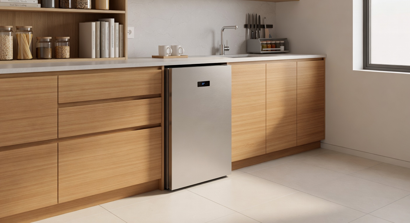 Slim under-counter refrigerator integrated into a small kitchen