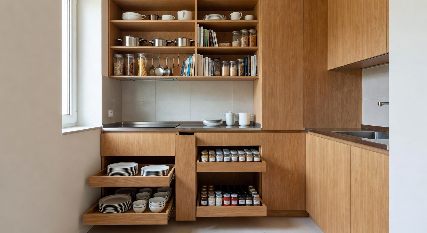 Floor-to-ceiling vertical storage cabinets in a compact kitchen