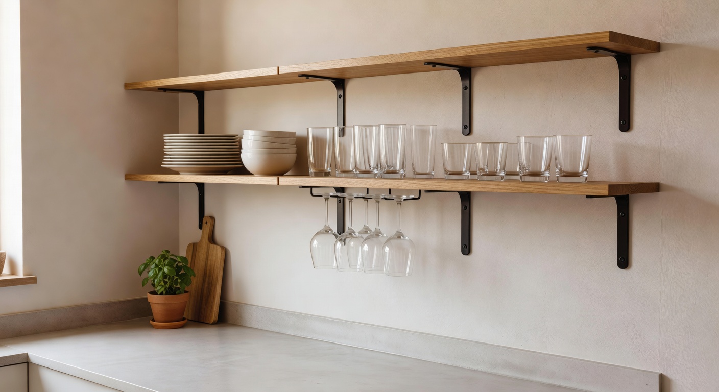 Beautifully styled wall-mounted display shelves in a minimal kitchen
