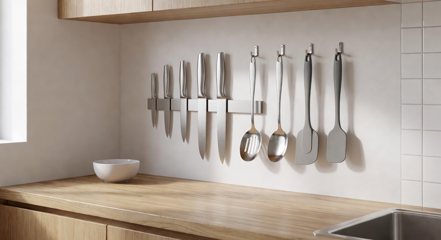 Wall-mounted utensil organisation system with wooden handles